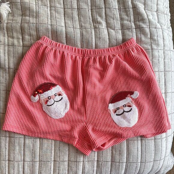 Cozy Holiday Sparkle Santa Ribbed Sleep Pajama Shorts Size Medium - Picture 1 of 4